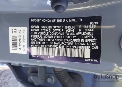 2019 Honda Civic Sport z USA, uszkodzony, nr VIN SHHFK7G45KU228388